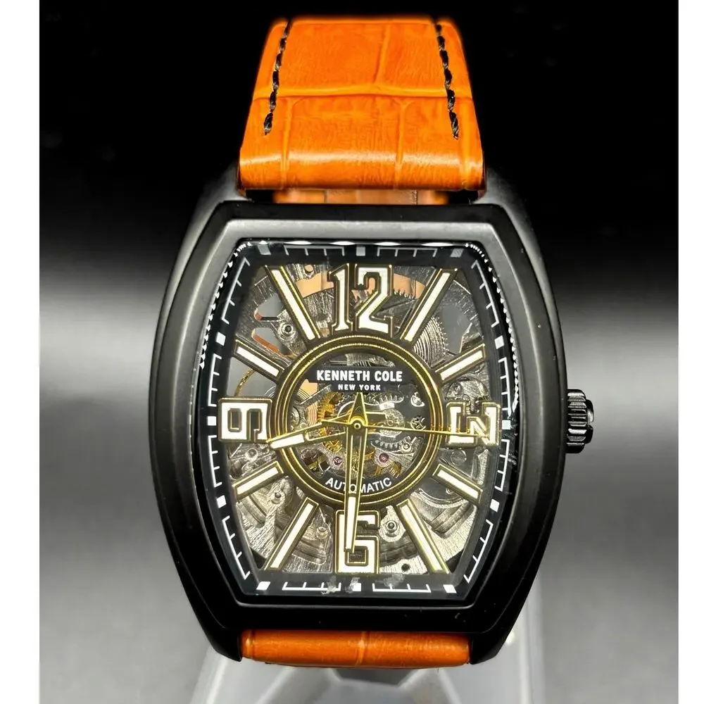 Kenneth Cole KC51083004 Automatic Skeleton Tonneau Leather Strap Men’s Watch